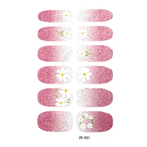 Adesivi per unghie margherite glitter rosa sfumato, coperture totali impermeabili 3D per nail art.