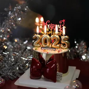 New Year 2025 number candle cake topper with red bow for birthday and party celebration.