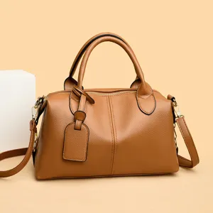 Sac Boston Vintage en Crosta de Cuir pour Femmes Élégant Motif Lychee Sac à Main Classique Zippé Sac Bandoulière Minimaliste Navette