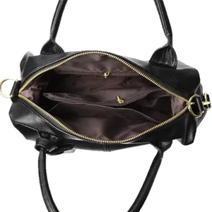 Sac Boston en cuir véritable litchi noir sac à main bandoulière femme classique élégant.