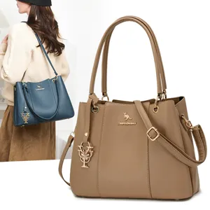 Women Lychee Grain Patchwork Synthetic Leather Handbag Commuter Shoulder Bag With Gold Flower Pendant Elegant Top Handle Bag