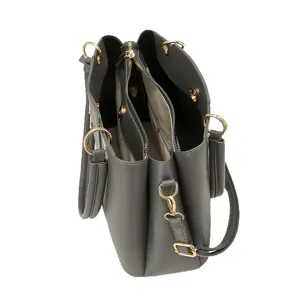 Grey multi-compartment leather tote bag with shoulder strap, stylish commuter handbag for women.