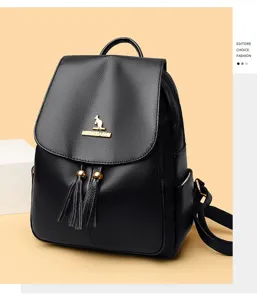 Black leather tassel backpack for women with metal hardware and top handle for daily use