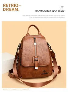 Vintage oil wax leather backpack for women, brown casual daily school travel bookbag.