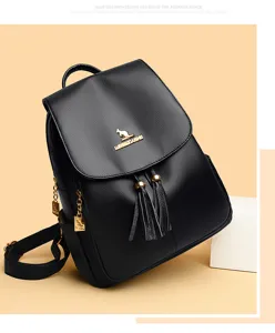Classic black genuine leather backpack for women with stylish tassels and metal logo detail.