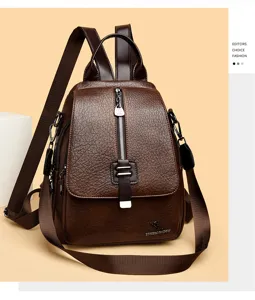 Detailed close-up of the retro oil wax leather women backpack showing metal zipper and straps.