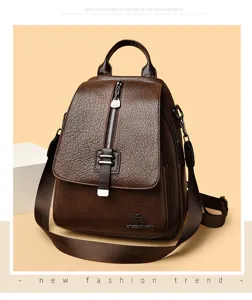 Vintage oil wax leather backpack for women, multi-functional casual anti-theft school bag.