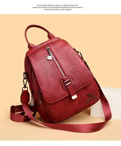 Vintage oil-wax leather women backpack multi-purpose red fashion casual stylish rucksack