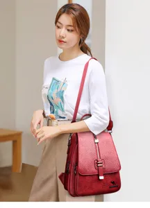 Women red oil wax leather backpack stylish multi-purpose anti-theft school bag daily use
