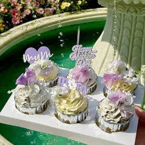Mother's Day acrylic cake topper set, elegant floral cupcake decorations for party.