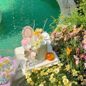 Monet Garden Mother's Day acrylic cake topper and floral cupcake decoration set.