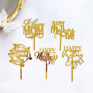Gold acrylic Mother's Day cake toppers set, Happy Mothers Day and I love mom designs.