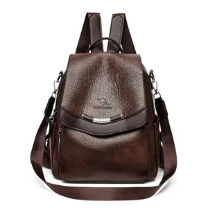 Retro leather backpack for women, multi-functional casual school bag, stylish daypack.