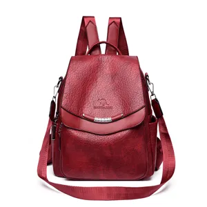 Vintage red leather women backpack versatile multi-functional casual daypack stylish bag