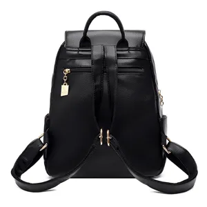 Classic black leather backpack for women, stylish casual travel school daypack bag.