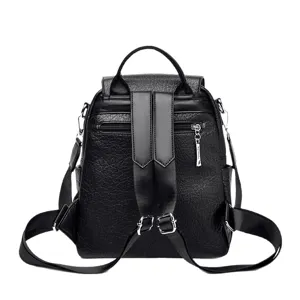 Black vintage leather backpack for women, daily casual school bookbag with straps.