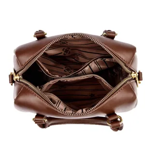 Brown faux leather Boston handbag for women, stylish top handle shoulder bag with zipper.