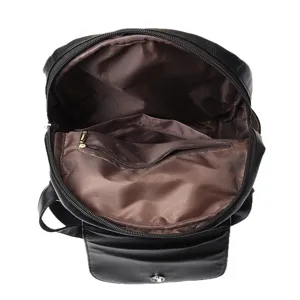 Black genuine leather women backpack with top zipper closure and brown inner lining.