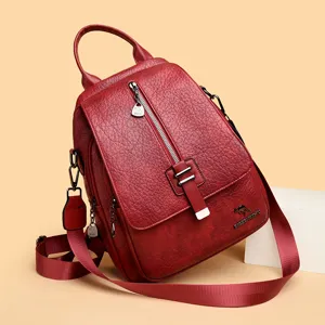 Vintage oil wax leather women backpack, stylish multi-functional anti-theft red casual daypack.