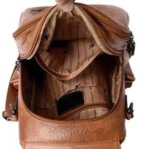 Brown vintage oil wax leather backpack with kangaroo lining, multi-functional travel bag.