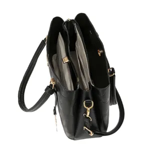 Stylish black faux leather tote bag with dual compartments, gold-tone hardware for women.