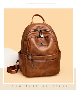 Vintage brown oil wax leather backpack for women, multi-pocket travel school bag with stylish design.