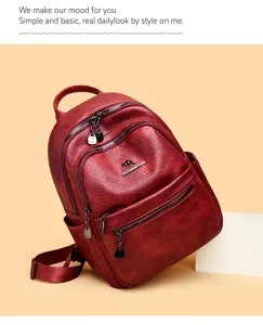 Retro oil wax leather women backpack casual travel school bag vintage style red bags