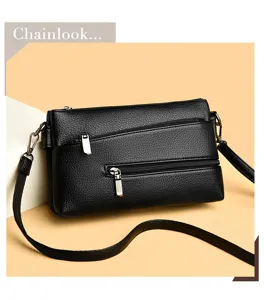 Borsa a tracolla nera con motivo in pelle e scomparti multipli con cerniera chic.