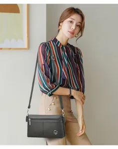 Borsa a tracolla in vera pelle da donna, elegante borsetta porta cellulare con zip multiple.
