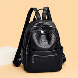 Black oil-wax leather women backpack, multi-pocket vintage travel rucksack school bag.