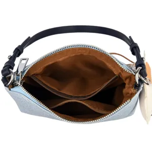 Schicke Schultertasche aus Jeansstoff mit braunem Futter und mehreren Fächern für Damen.