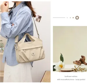 Beige Nylon Umhängetasche lässige Crossbody Beintasche mit mehreren Taschen weicher Stoff.