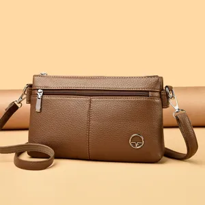 Moderna borsa a tracolla da donna in vera pelle, elegante borsetta marrone per cellulare.