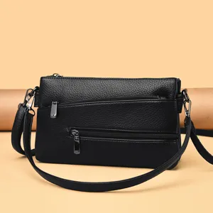 Borsa a tracolla in pelle nera da donna, elegante borsetta quadrata per cellulare con zip.