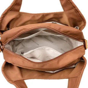 Braune Nylon Umhaengetasche mit mehreren Faechern, laessige Schultertasche fuer Damen.