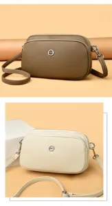 Multi-layer leather phone cross-body bag for women, chic small shoulder bag with metal logo.
