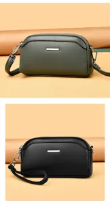 Classic genuine leather phone bag and stylish crossbody handbag with elegant metal bar detail.