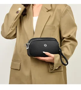 Black leather multi-layer cell phone bag stylish women's clutch handbag with wrist strap