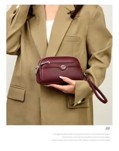 Genuine leather double layer wristlet phone bag for women elegant fashion daily use