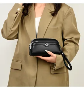Black genuine leather double layer clutch bag shell wristlet phone purse detail close up