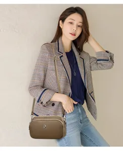 Brown leather multi-layer cross-body mobile phone bag for women, stylish daily shoulder bag.