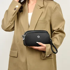 Classic black leather multi-compartment crossbody phone bag and elegant women clutch for daily use