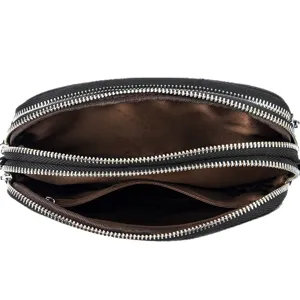 Multi-zipper leather crossbody bag, black phone purse with top-down interior compartments view.