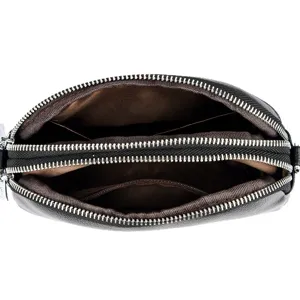 Black faux leather multi-compartment crossbody phone bag with double zippers and brown lining.