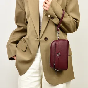 Genuine leather wristlet clutch bag double layer phone purse stylish burgundy women handbag