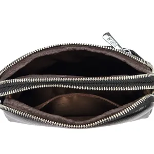 Women genuine leather double zipper clutch bag phone pouch black casual daily purse
