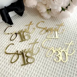 Gold mirror acrylic Sweet 16 18 21 30 birthday cake topper party decoration set.