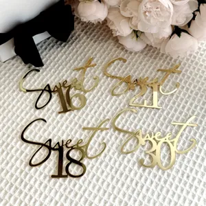 Gold mirror acrylic number 16 18 21 30 cake topper details for birthday party celebration.