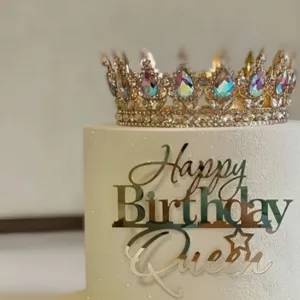 Ακρυλικό τοππερ τούρτας Happy Birthday Queen με χρυσή κορώνα στρασ για πάρτι.