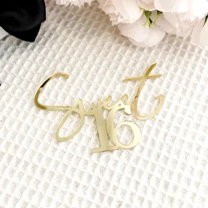 Gold acrylic Sweet 16 cake topper for birthday party decorations and celebration events.